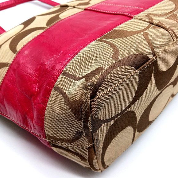 EUC Coach Signature Stripe Patent Leather Tote Shoulder Bag Khaki Pink 12429. - Picture 10 of 15